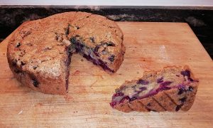 blackcurrant and rhubarb cake